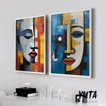 Contemporary african wall art set of 2 prints. Abstract woman, man portrait wall art, colorful above bed art, aesthetic room decor