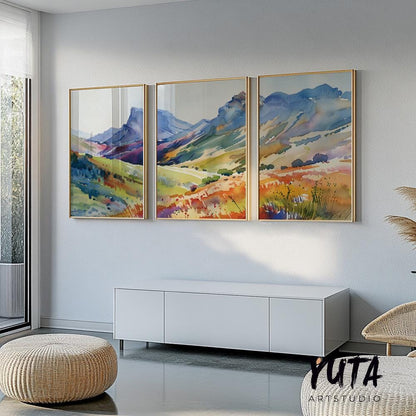 Bright colorful mountain wall art set of 3 print, minimalist bright landscape posters, abstract nature gallery wall set, aestetic room decor