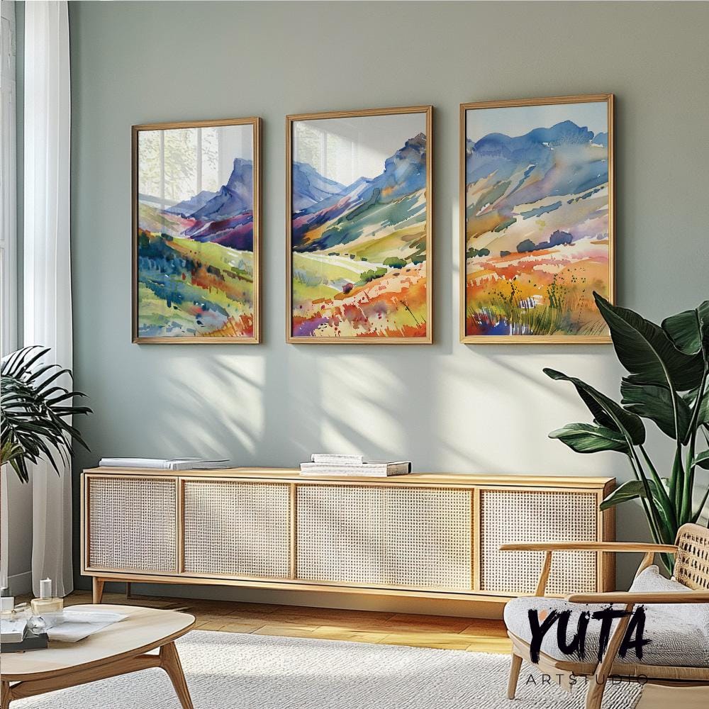 Bright colorful mountain wall art set of 3 print, minimalist bright landscape posters, abstract nature gallery wall set, aestetic room decor