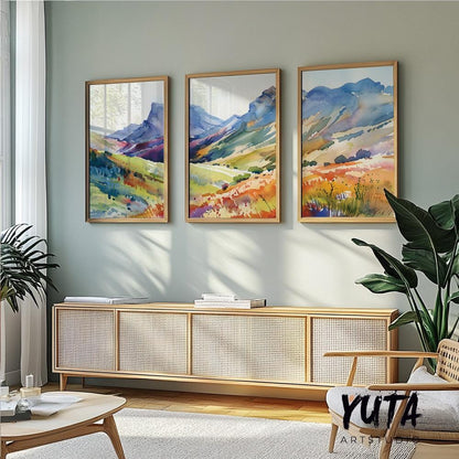 Bright colorful mountain wall art set of 3 print, minimalist bright landscape posters, abstract nature gallery wall set, aestetic room decor