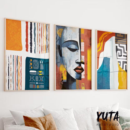 African american art set of 3 prints. Abstract wall art, colorful large gallery wall set. Modern abstract painting, above bed africa art