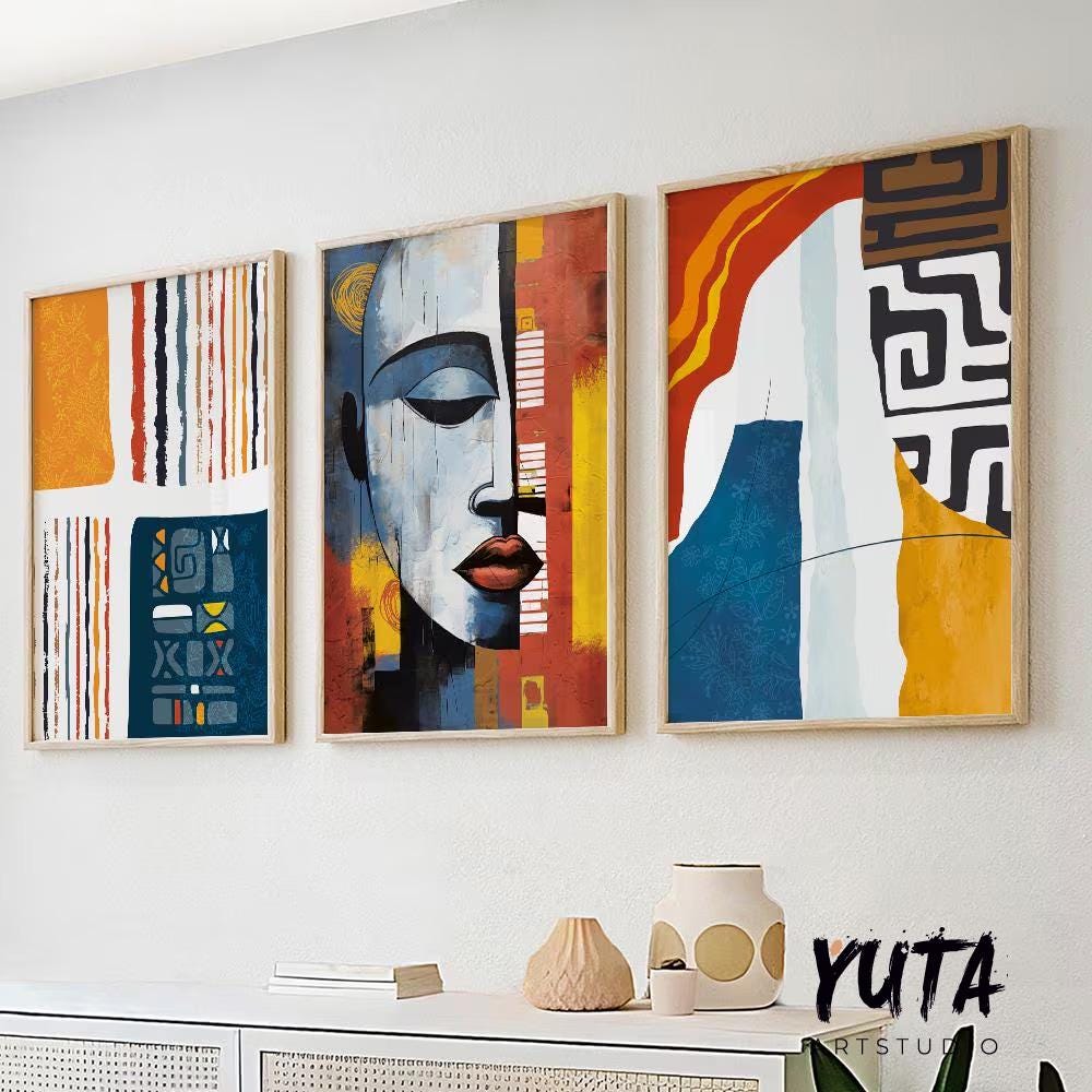 African american art set of 3 prints. Abstract wall art, colorful large gallery wall set. Modern abstract painting, above bed africa art