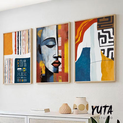 African american art set of 3 prints. Abstract wall art, colorful large gallery wall set. Modern abstract painting, above bed africa art