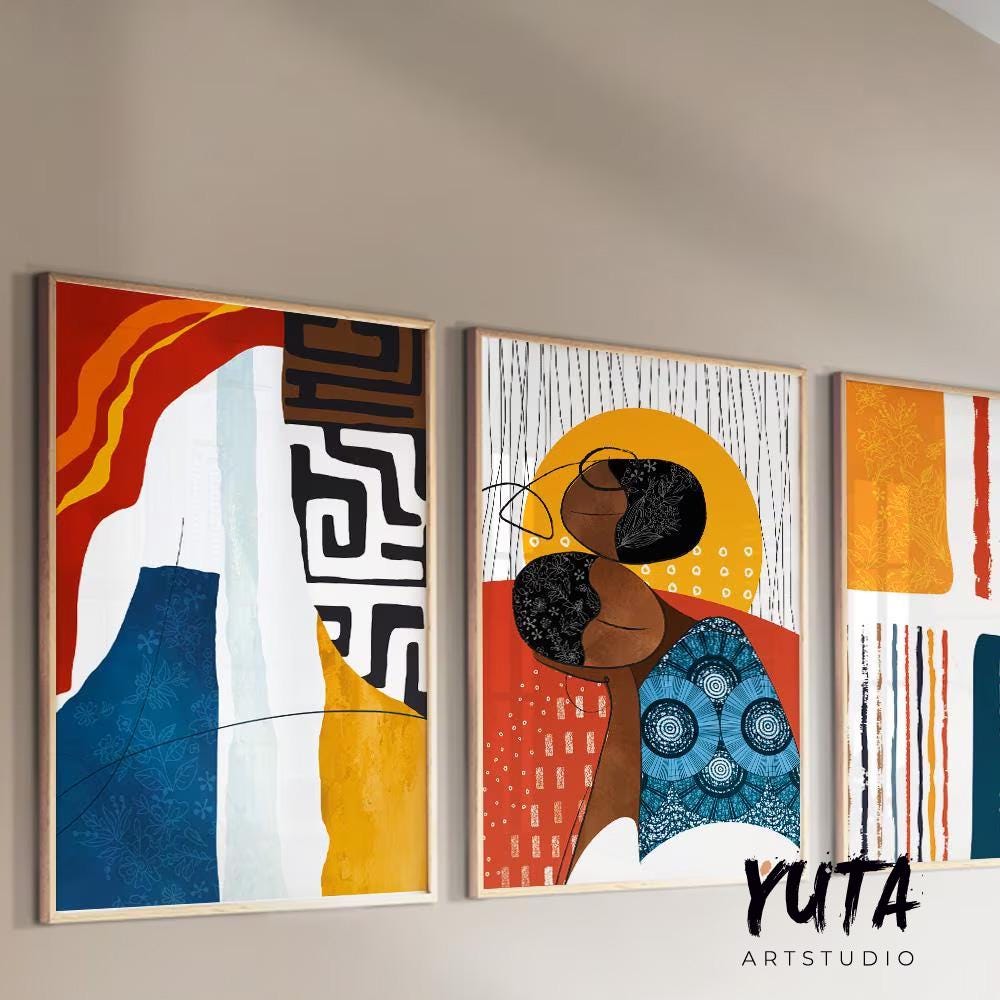 African american art set of 3 print. Abstract black woman art, ethnic gallery wall set Modern colorful minimalist above bed african wall art