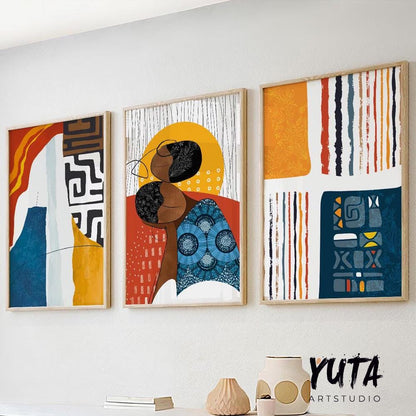 African american art set of 3 print. Abstract black woman art, ethnic gallery wall set Modern colorful minimalist above bed african wall art