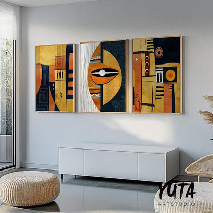 Contemporary African American art set of 3, bold abstract black women portrait prints for ethnic modern bedroom decor.