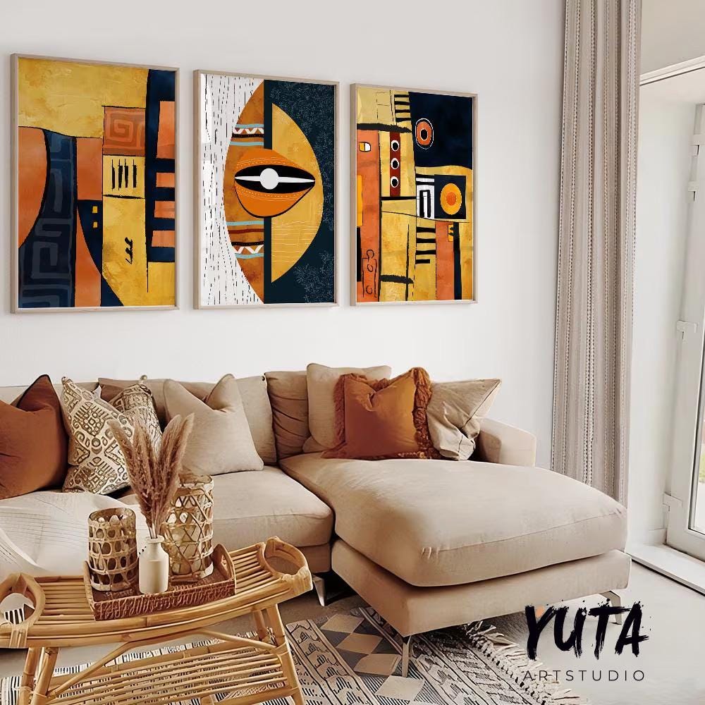 Bright Afrocentric wall art set of 3, abstract black woman portraits, colorful modern gallery wall decor for living room.