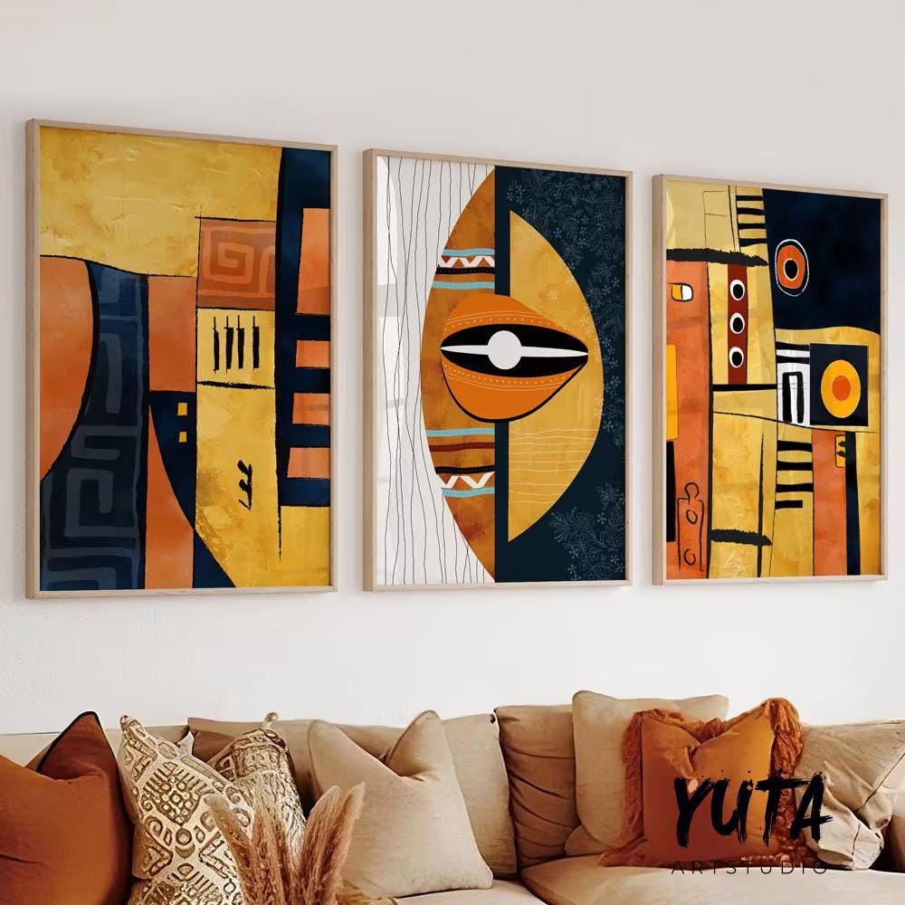 Modern colorful African American art set of 3 featuring abstract black women portraits for contemporary above bed decor.