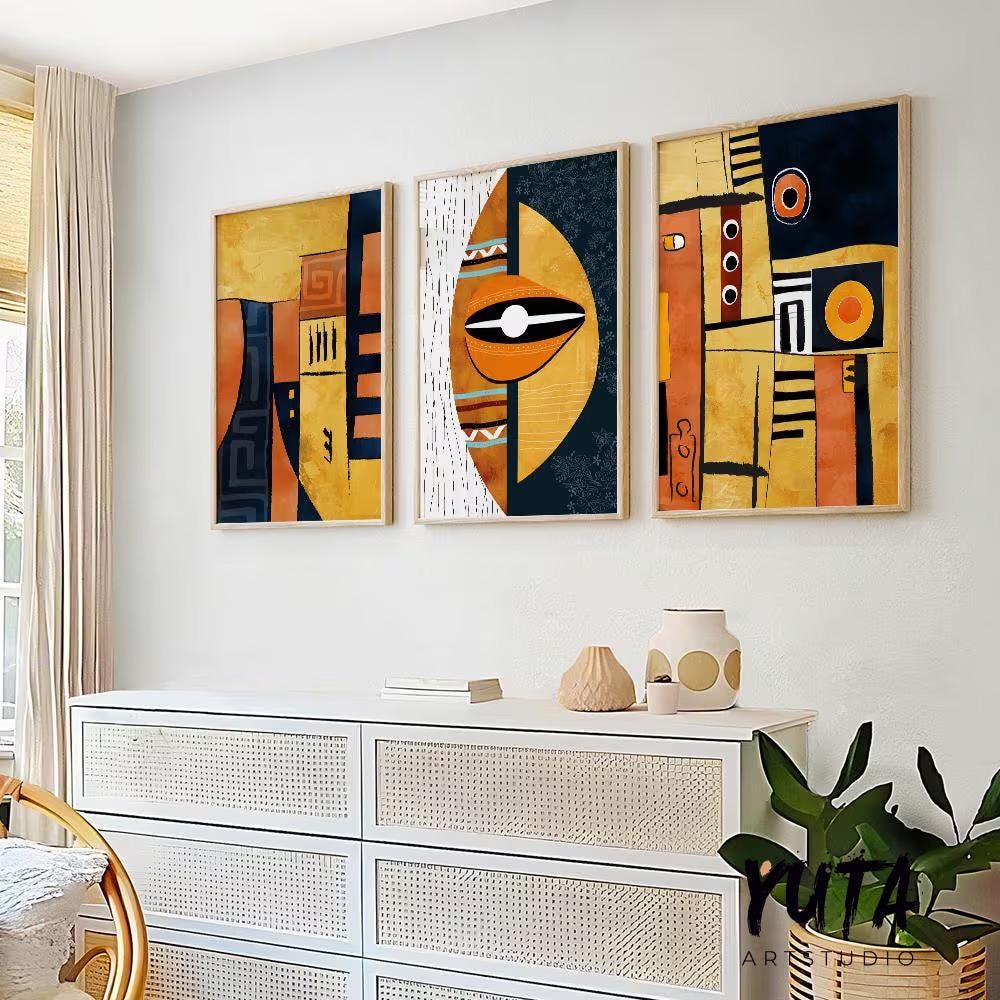 Abstract African American wall art set of 3, contemporary colorful black women portrait posters for ethnic home decor.