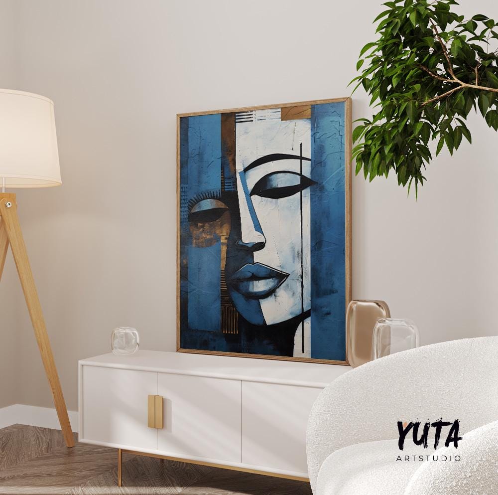 Navy blue grey woman abstract painting print. Contemporary african american art. Modern woman portrait, minimalist living room decor
