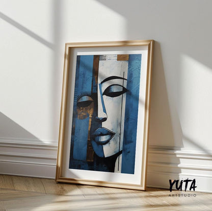 Navy blue grey woman abstract painting print. Contemporary african american art. Modern woman portrait, minimalist living room decor
