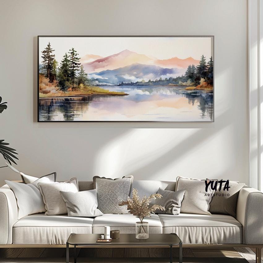 Pastel mountain lake artwork in a slim frame, shipped flat or rolled in protective packaging