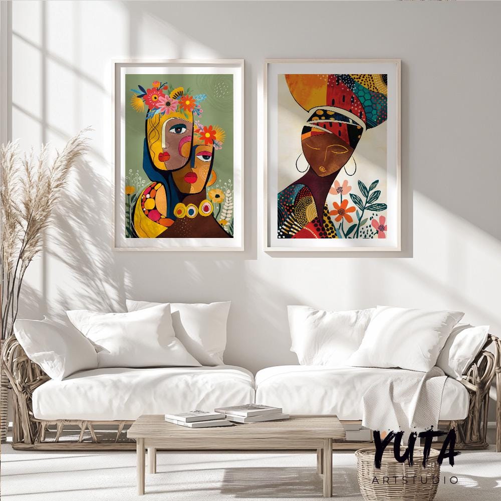 Modern African art posters with abstract black woman portrait, afrocentric wall decor for contemporary interiors