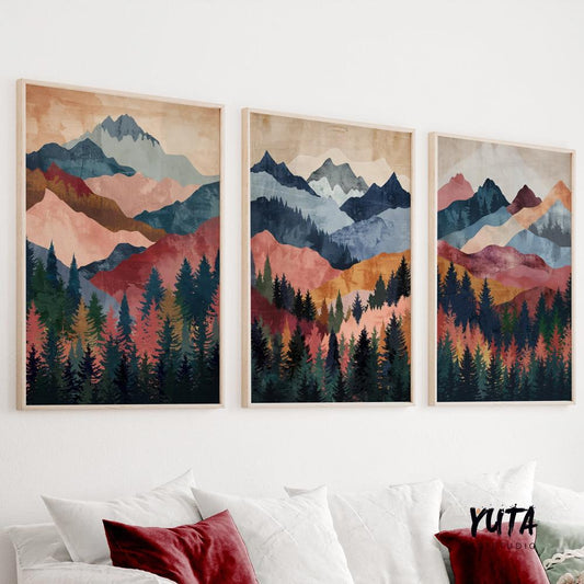 Large panoramic mountain landscape triptych in warm and cool tones, perfect above bed or sofa wall decor.