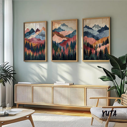 Abstract layered mountain wall prints, 3 panel forest and sunset nature artwork for rustic or contemporary interiors.