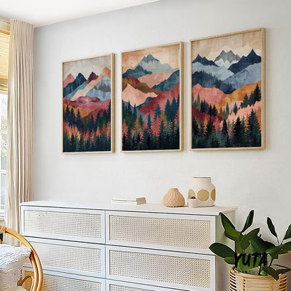 Boho style colorful mountains with dark pine forest, minimalist landscape art triptych for modern home decor.