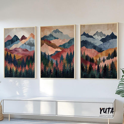 3 piece scenic mountain wall art in earthy terracotta, deep green, and blue shades, perfect for living room or office.