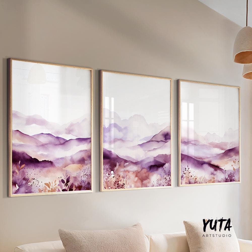 Purple minimalist mountain set of 3 print. Modern watercolor landscape gallery wall set.  Nature 3 piece wall art, lilac wall art