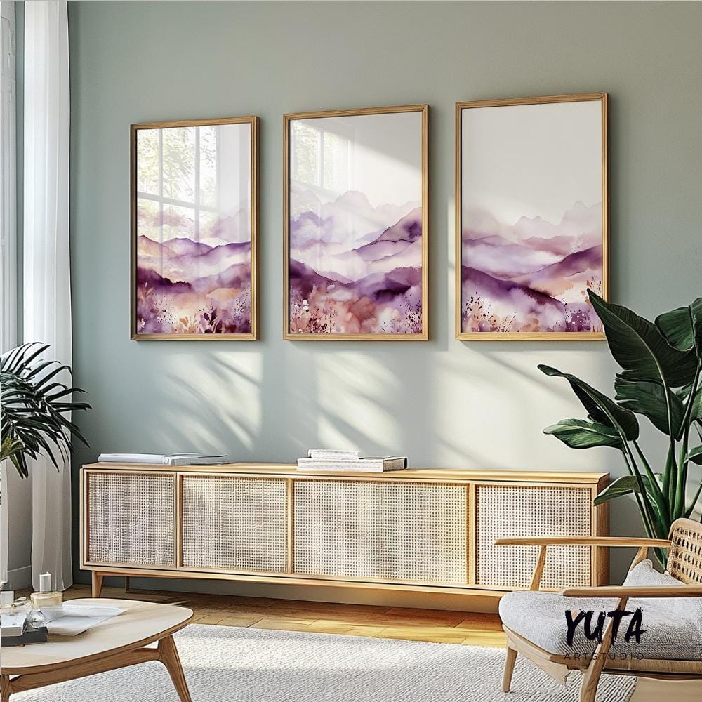 Purple minimalist mountain set of 3 print. Modern watercolor landscape gallery wall set.  Nature 3 piece wall art, lilac wall art