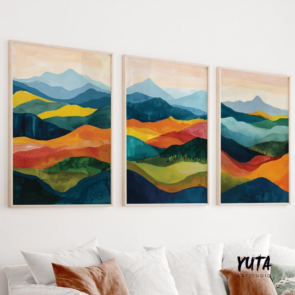 Colorful abstract mountains wall art set of 3 prints, Mid century modern large wall art prints, abstract painting, aesthetic room decor