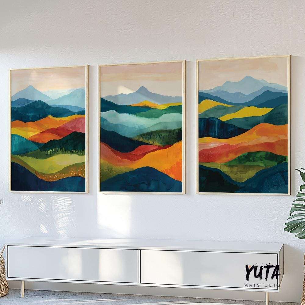 Colorful abstract mountains wall art set of 3 prints, Mid century modern large wall art prints, abstract painting, aesthetic room decor