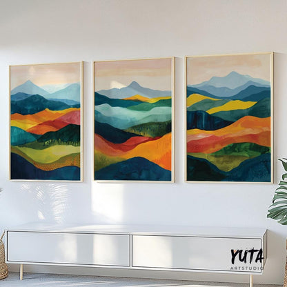 Colorful abstract mountains wall art set of 3 prints, Mid century modern large wall art prints, abstract painting, aesthetic room decor