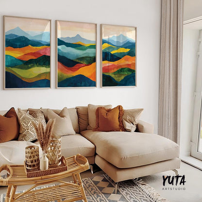 Colorful abstract mountains wall art set of 3 prints, Mid century modern large wall art prints, abstract painting, aesthetic room decor