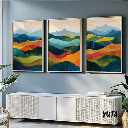 Colorful abstract mountains wall art set of 3 prints, Mid century modern large wall art prints, abstract painting, aesthetic room decor