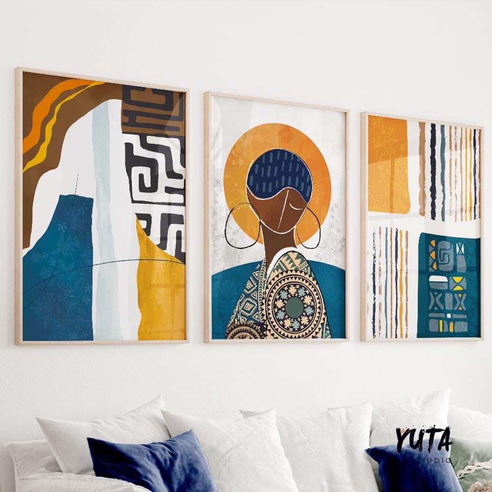 Modern abstract African art set of 3, contemporary black woman portrait prints, bold ethnic gallery wall decor.