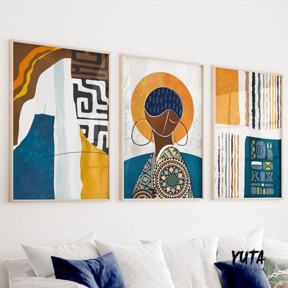 Modern abstract African art set of 3, contemporary black woman portrait prints, bold ethnic gallery wall decor.
