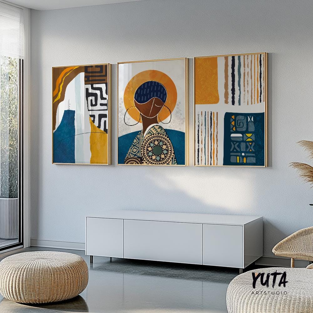 Large colorful African American art set of 3, abstract modern black women portraits, above bed Afrocentric wall art.