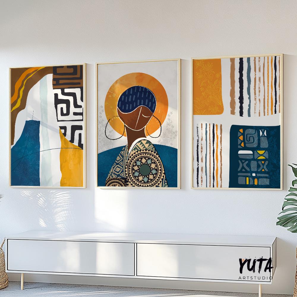 Contemporary African American art set of 3, bold abstract black women portrait prints for ethnic modern bedroom decor.