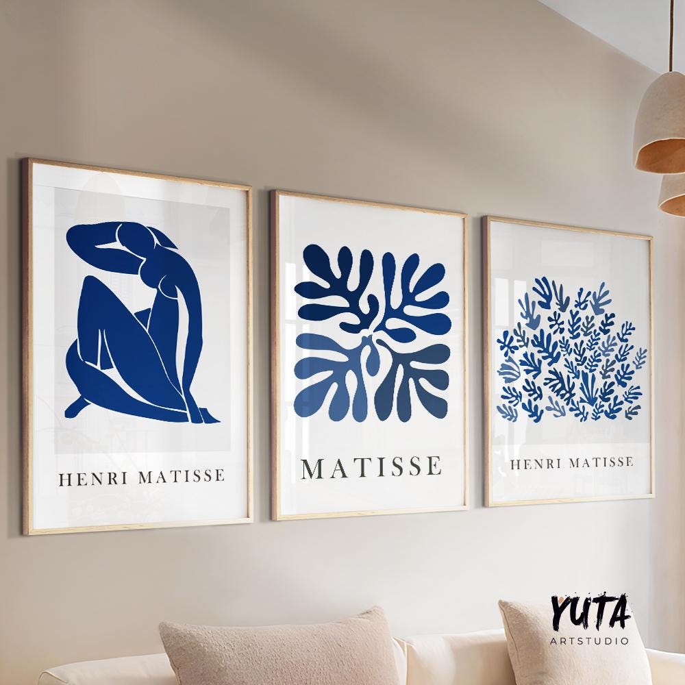 Navy blue Matisse print set of 3 prints. Neutral minimalist mid century modern gallery wall set, vintage trendy Henri Matisse posters.