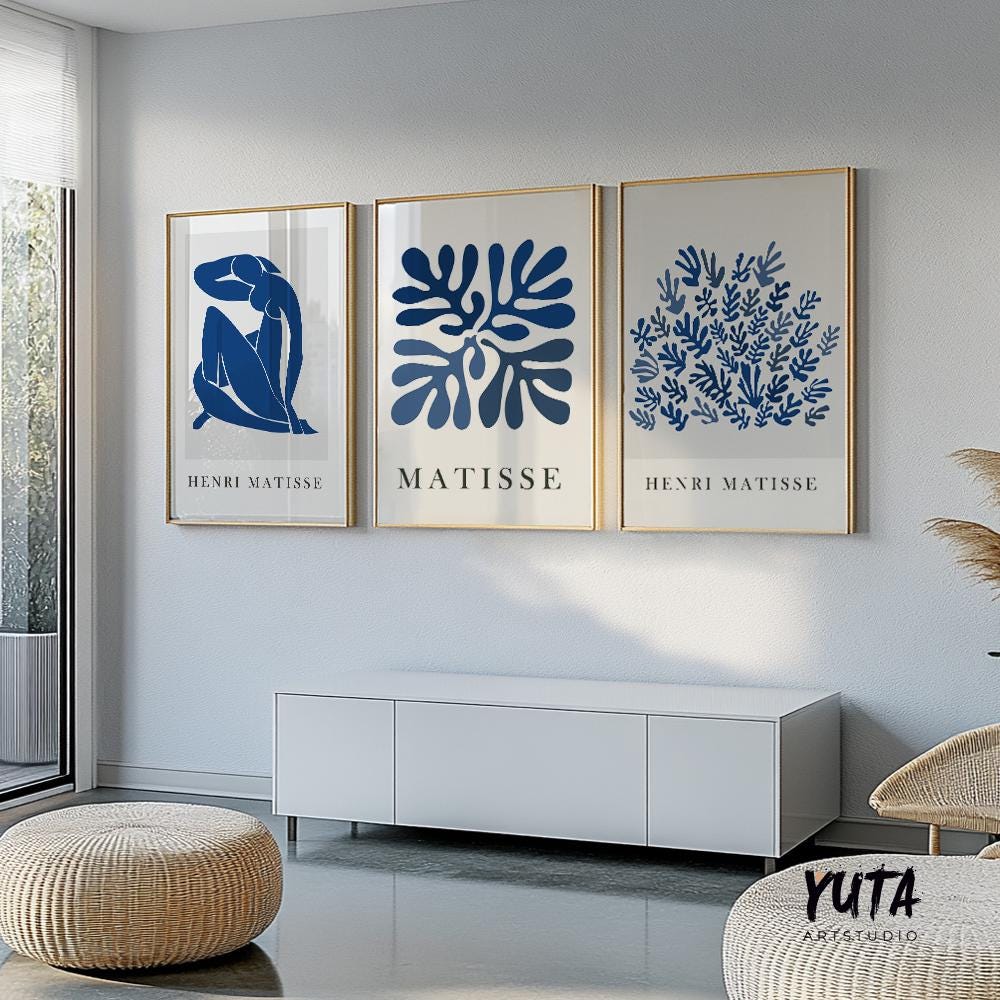 Navy blue Matisse print set of 3 prints. Neutral minimalist mid century modern gallery wall set, vintage trendy Henri Matisse posters.