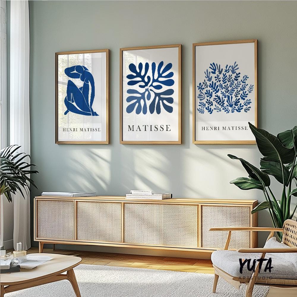 Navy blue Matisse print set of 3 prints. Neutral minimalist mid century modern gallery wall set, vintage trendy Henri Matisse posters.