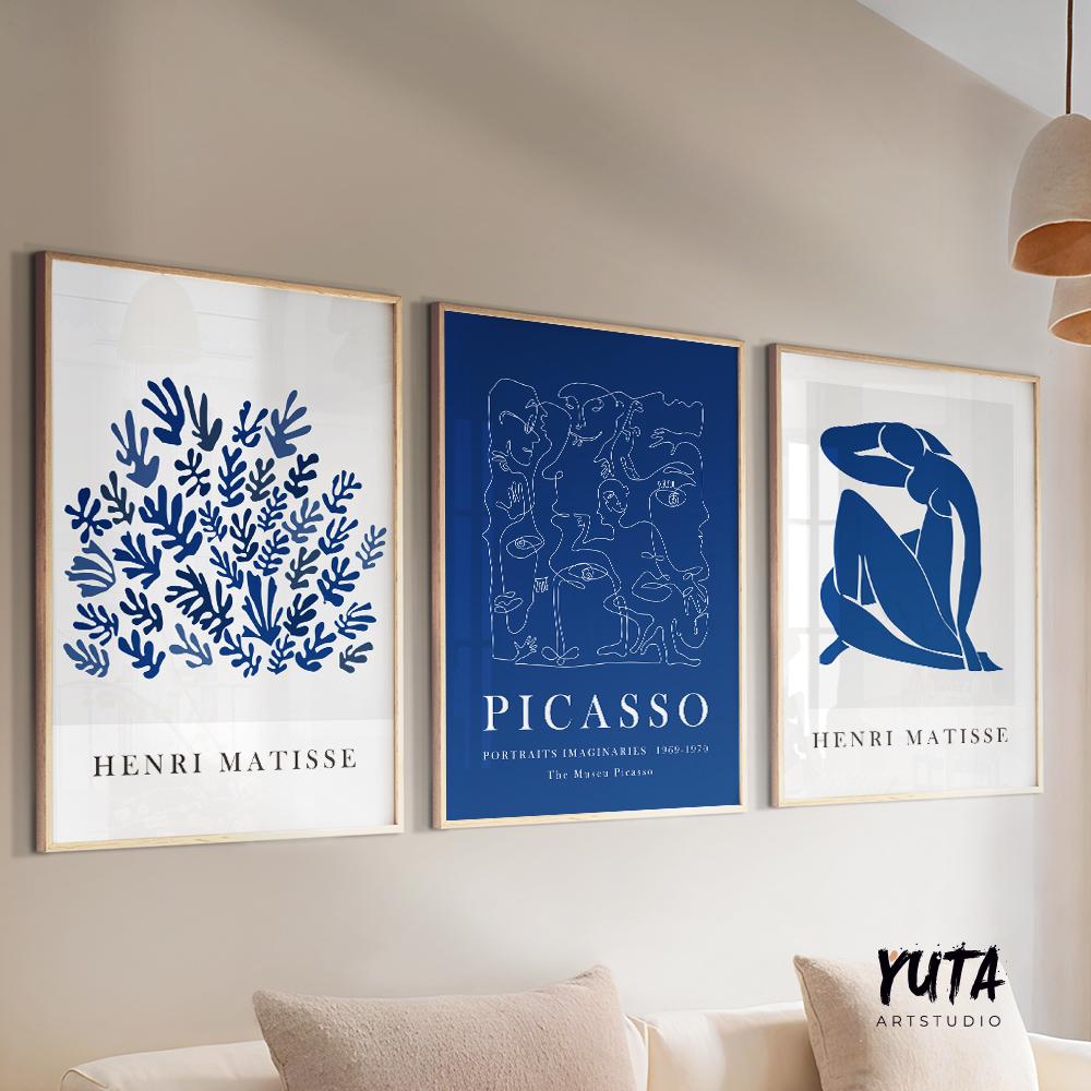 Navy blue Matisse, Picasso print set of 3. Neutral minimalist mid century gallery wall set, vintage trendy exhibition livingroom posters.