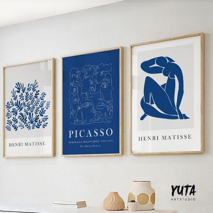 Navy blue Matisse, Picasso print set of 3. Neutral minimalist mid century gallery wall set, vintage trendy exhibition livingroom posters.
