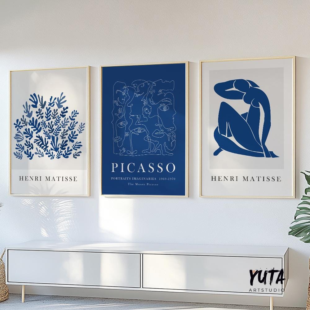 Navy blue Matisse, Picasso print set of 3. Neutral minimalist mid century gallery wall set, vintage trendy exhibition livingroom posters.