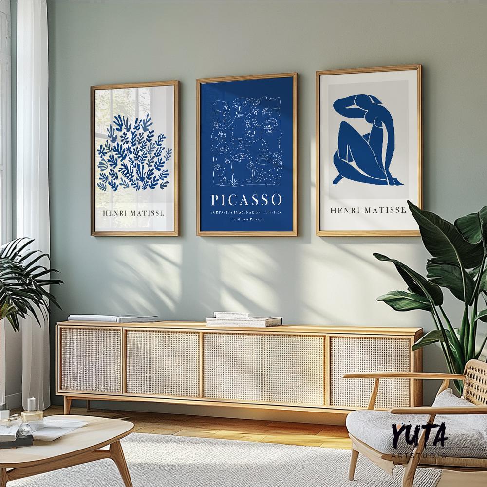 Navy blue Matisse, Picasso print set of 3. Neutral minimalist mid century gallery wall set, vintage trendy exhibition livingroom posters.