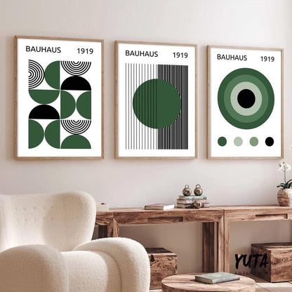 Dark green black Bauhaus art set of 3 print. Mid century modern gallery 3 piece wall art, bauhaus print, retro trendy wall art