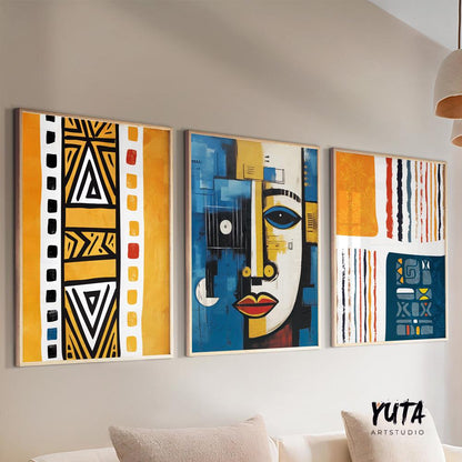 Navy blue yellow african american art set of 3 print. Abstract africa wall art, ethnic gallery wall set. Modern  aesthetic room decor