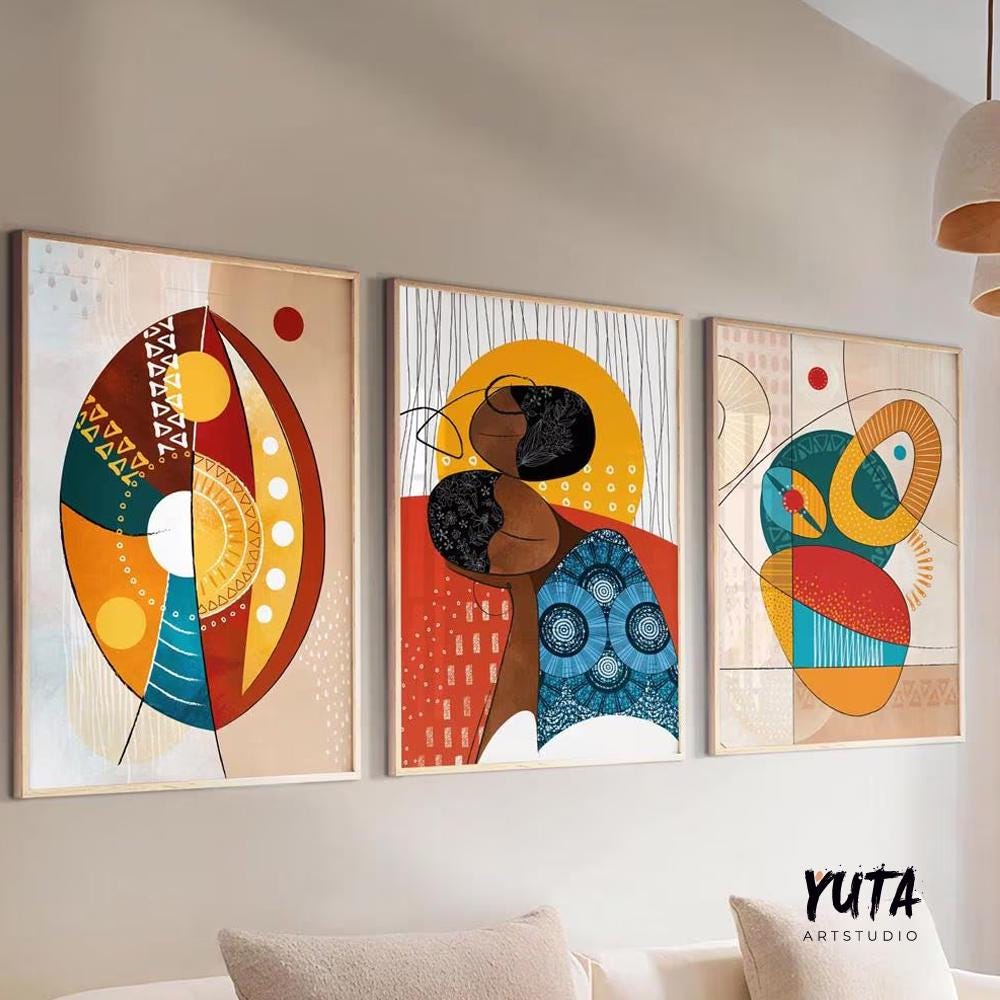 Abstract African American wall art set of 3, contemporary colorful black women portrait posters for ethnic home decor.