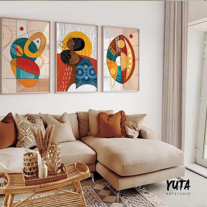 Afrocentric abstract art set of 3 prints, colorful black woman portraits, modern gallery wall decoration for apartments.