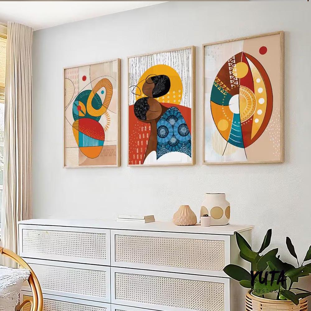 Large colorful African American art set of 3, abstract modern black women portraits, above bed Afrocentric wall art.