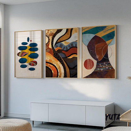 Colorful African American wall art set of 3, vibrant abstract portraits of black women, Afrocentric room decoration.