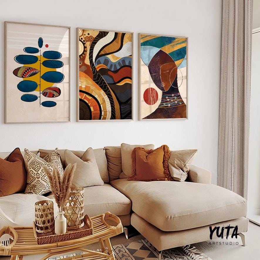 Modern abstract African art set of 3, contemporary black woman portrait prints, bold ethnic gallery wall decor.