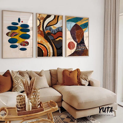 Modern abstract African art set of 3, contemporary black woman portrait prints, bold ethnic gallery wall decor.