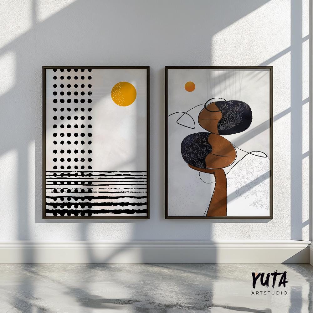 Mid century modern neutral african american art set of 2. Contemporary livingroom abstract black woman gallery wall set, above bed decor