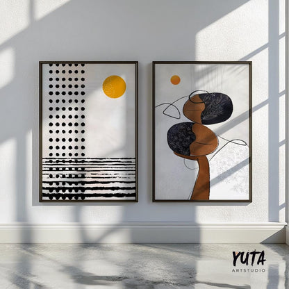 Mid century modern neutral african american art set of 2. Contemporary livingroom abstract black woman gallery wall set, above bed decor