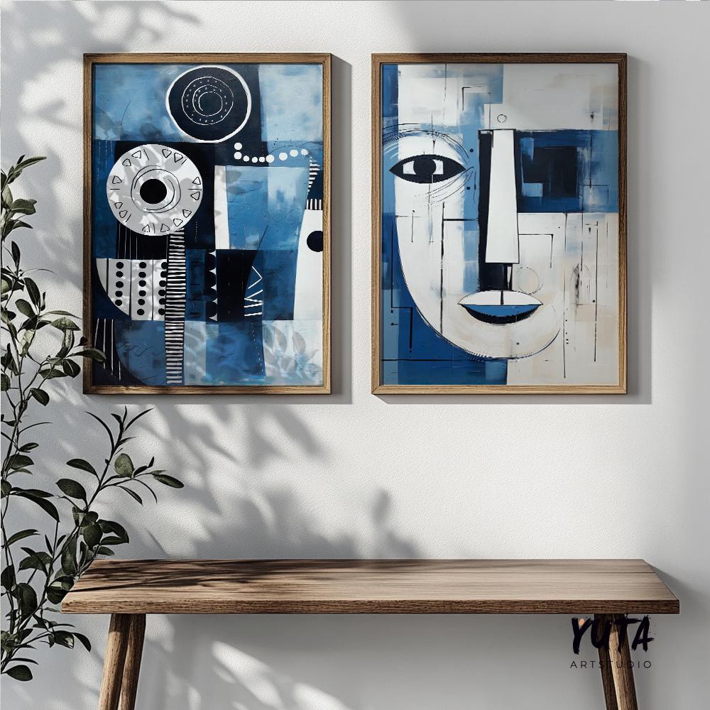 Set of 2 navy blue modern african american art print. Black man portrait, aesthetic room decor. Abstract minimalist posters